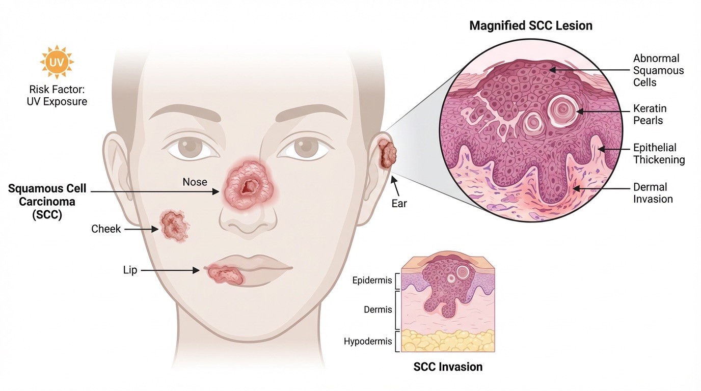 Illustration of a squamous cell carcinoma on the face