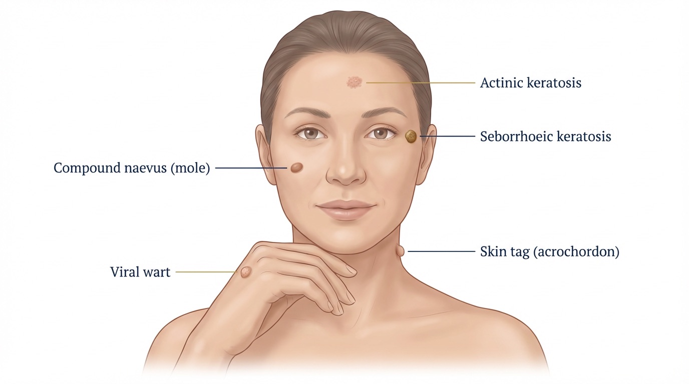 Medical illustration of common benign skin lesions