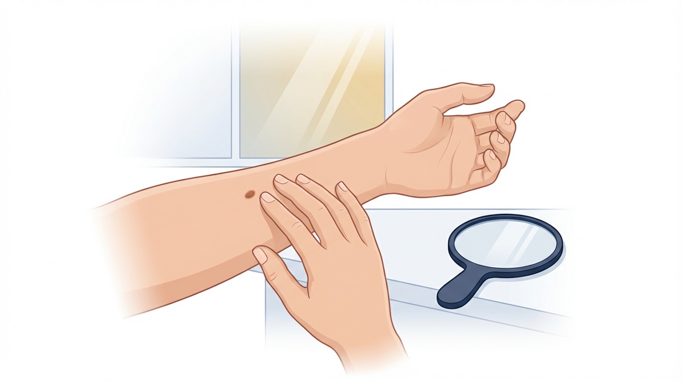 Illustration — a person examining a mole on their forearm in natural daylight