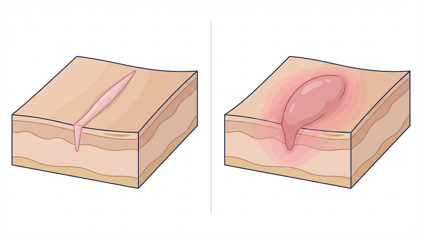 Illustration — side-by-side educational comparison of hypertrophic and keloid scarring