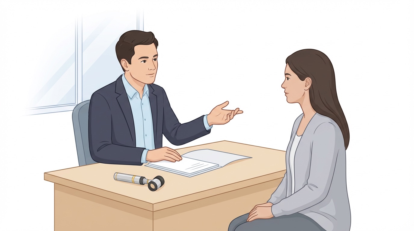 Illustration — a warm consulting room scene with a surgeon and patient in conversation