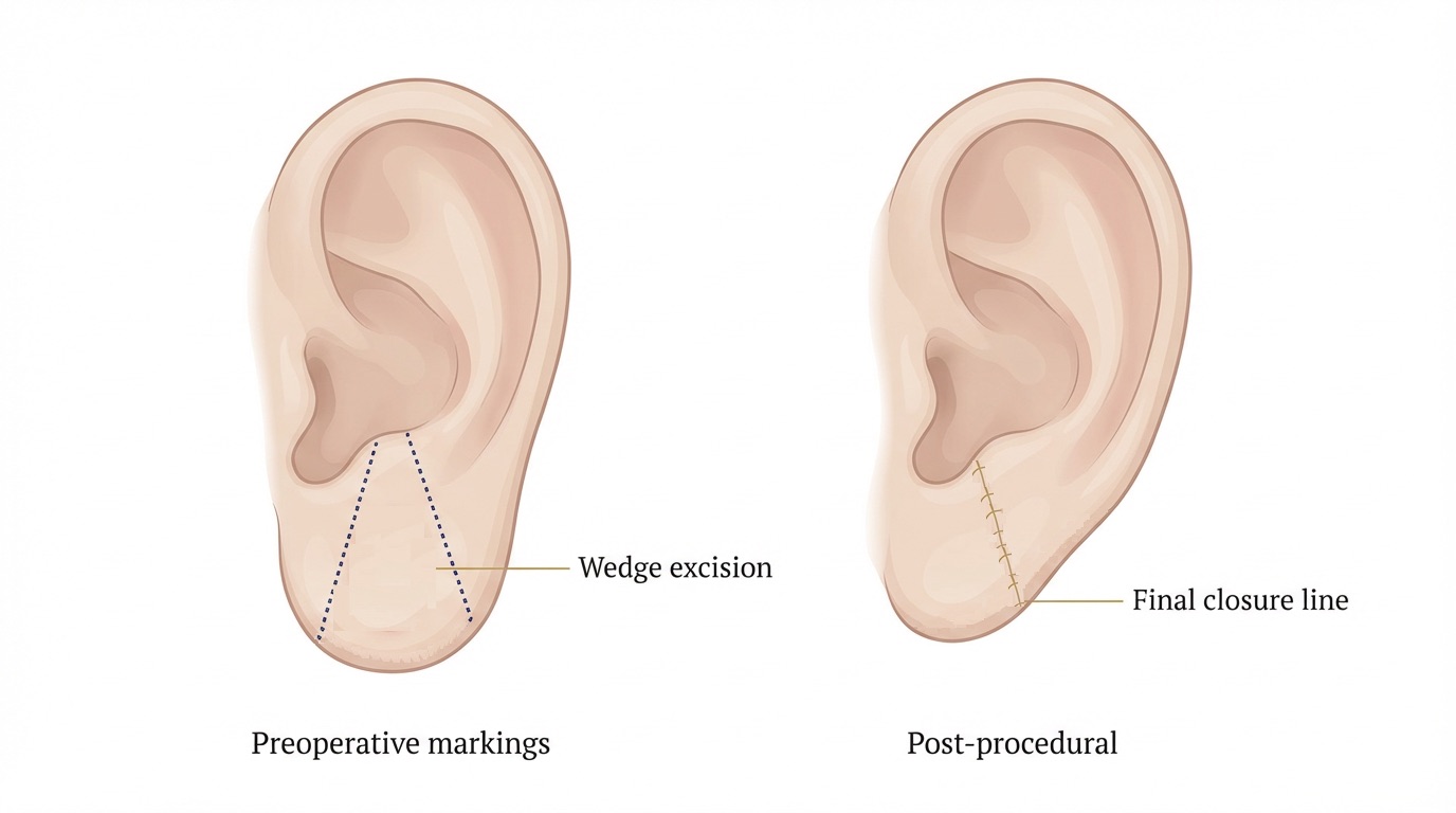 Medical illustration of earlobe reduction