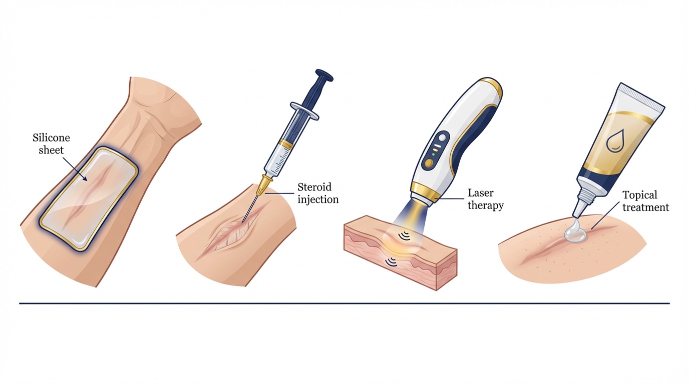 Medical illustration of non-surgical scar treatments