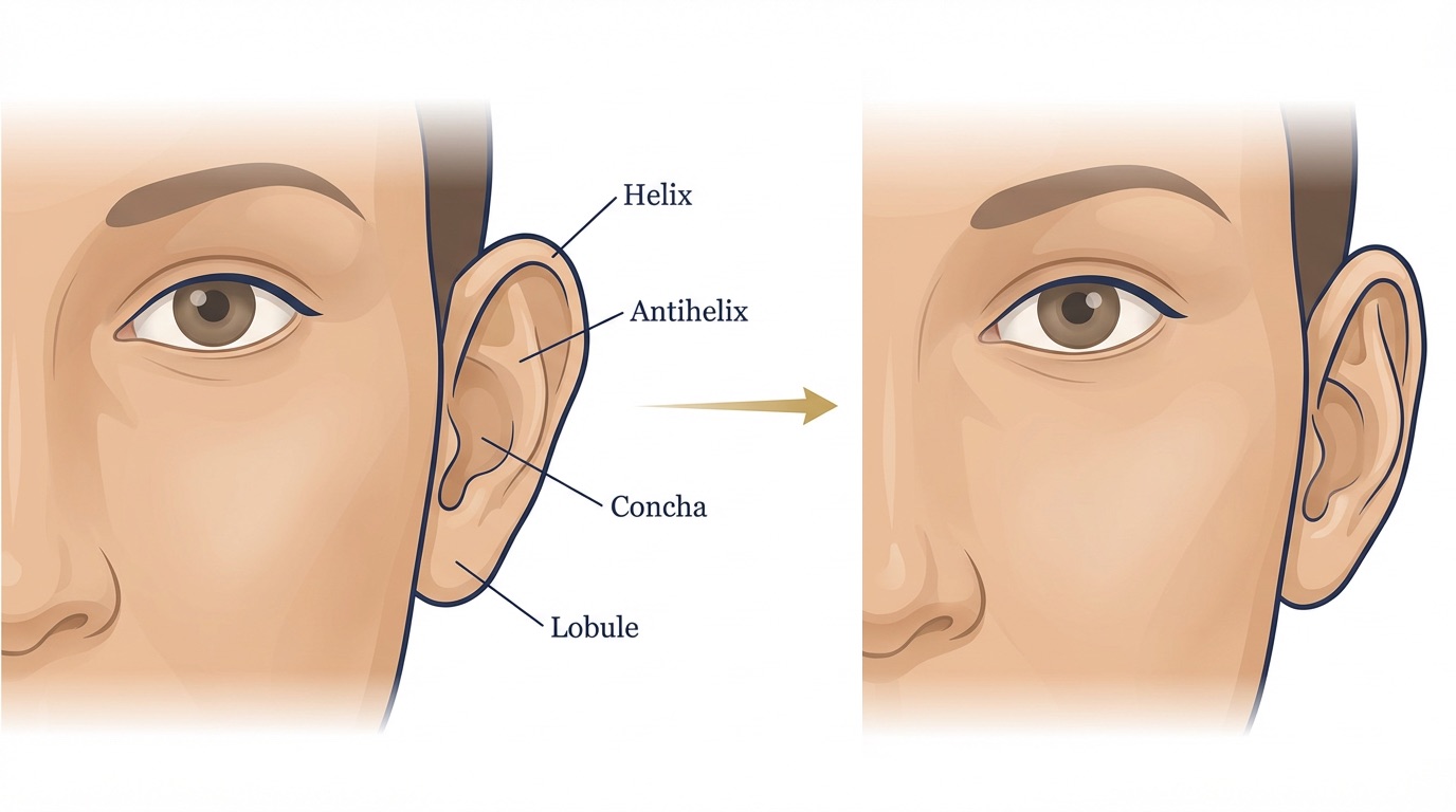 Medical illustration of prominent ear correction