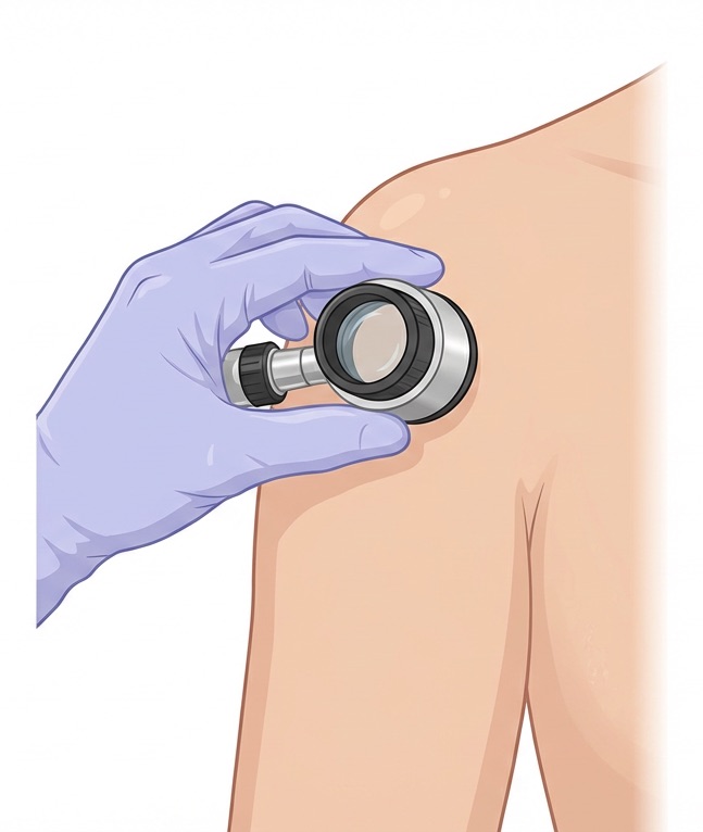 Illustration of a consultant performing a dermoscopy-based skin and mole examination