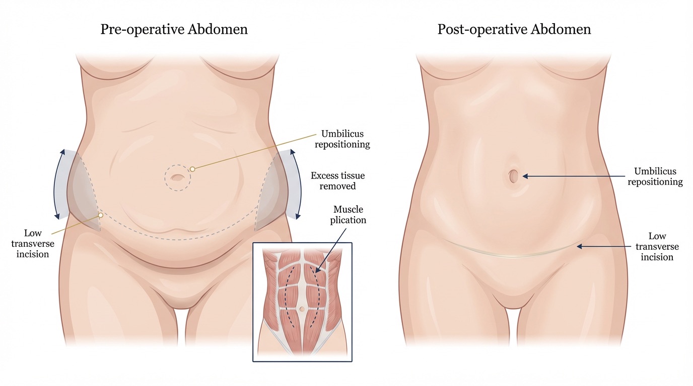 Medical illustration of abdominoplasty (tummy tuck)